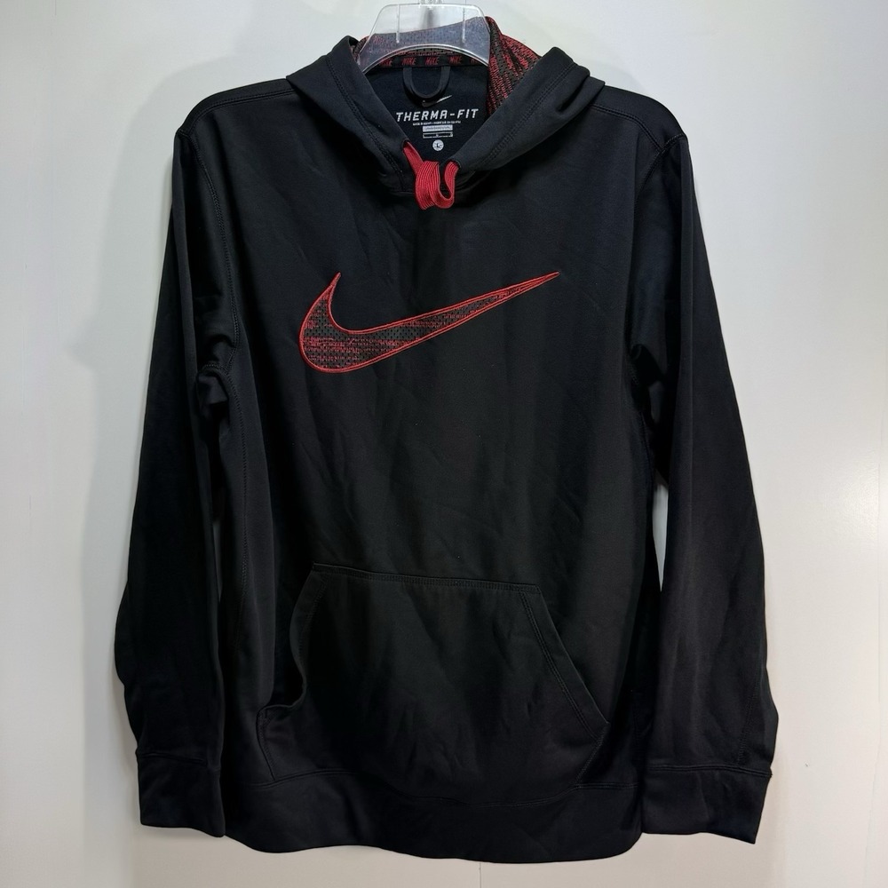 Nike Therma-Fit Swoosh Black Red Pullover Hoodie Mens Large